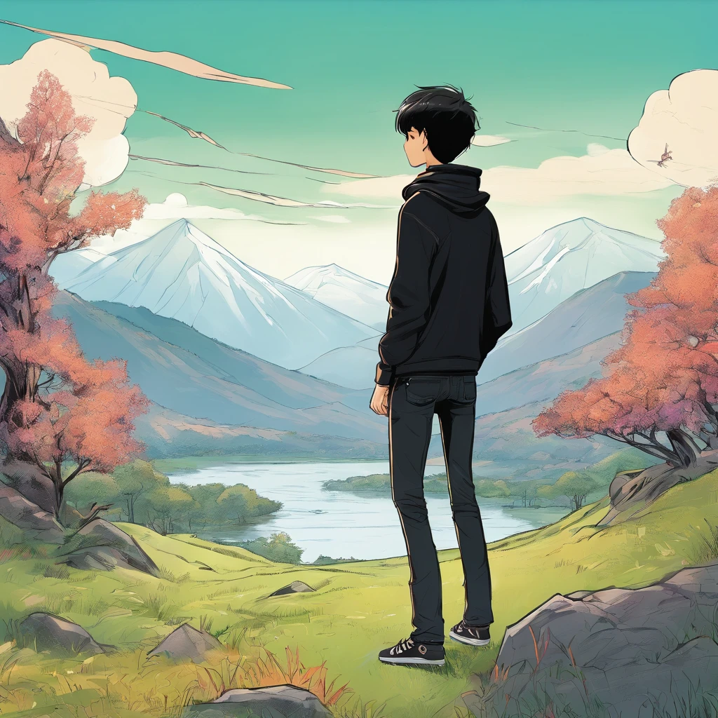 nature, grass, mountain background, breeze, 1asian boy, black sweater, black jeans, black shoes, short hair, facing front, standing, fierce look, masculine, close-up