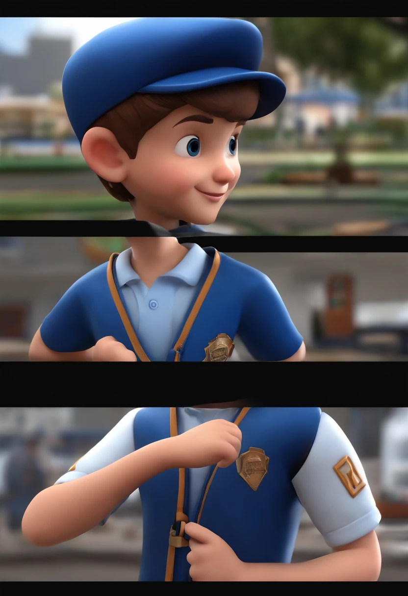 A happy cute boy standing short hair with dark blue cap , vestindo uma camisa azul ,double thums up , fundo branco, barnet, Tom, Estilo Pixar, ......3d, desenhos animados, rosto detalhado, asymmetrical 16k