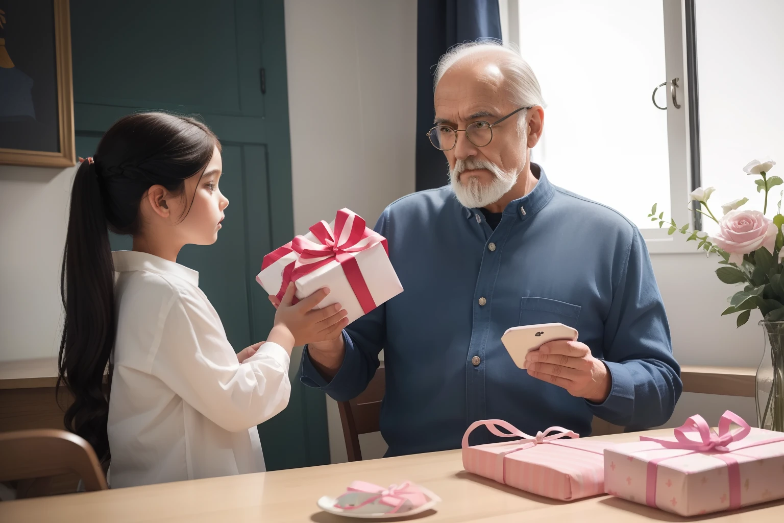 year: 2023. Location: Sweden. Pre-Raphaelite scene with a 59-year-old man, thin, ((clean classic look)), ((strict)), in a birthday party, with the 8-year-old birthday girl, happy, ((gift bag)), presents, ipad, ((((casual Clothing from the 2020s)))) ((Hairstyle of the 2020s)), ((("OMITB" cinematography)))