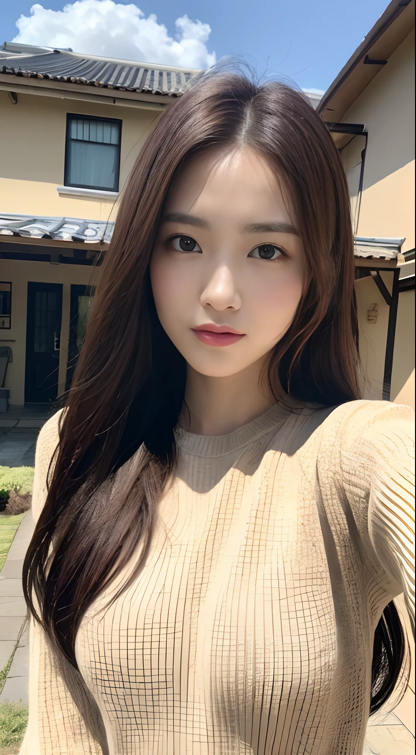 ((Realistic lighting、top-quality、8K、masterpiece:1.3))、Clear Focus:1.2、1girl in、flawless beauty:1.4、huge tit:1.2、Slim abs:1.1、((dark brown hair))、Knitted sweaters、(outside of house、natta:1.1)、Street、Super fine face、finely eye、二重まぶた、