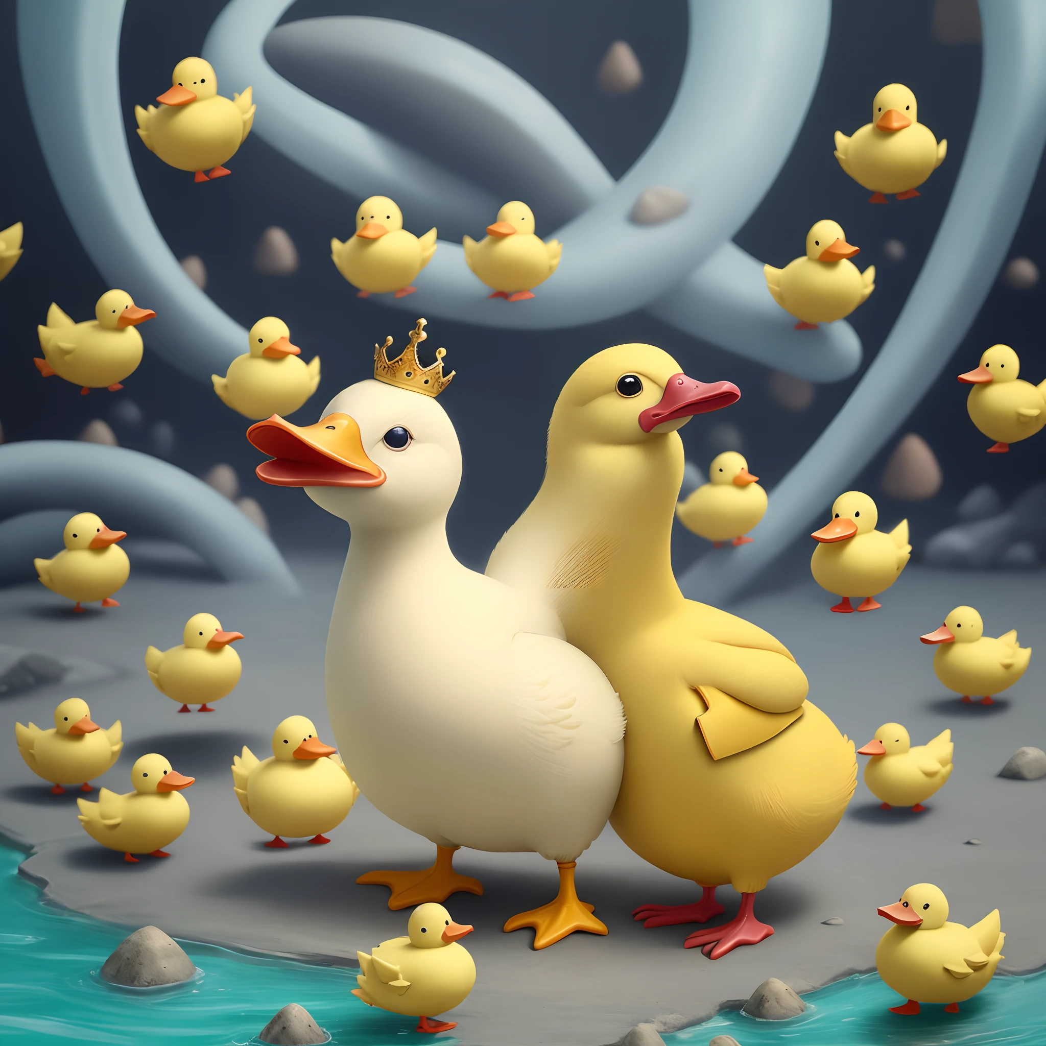 Create a chubby yellow duck that has human arms that resemble noodles in that they lack vertebrae.
O Pato tem pequenas pernas e possui uma Gravata borboleta azul e roxa em seu peito.
The duck possesses a lead-colored Evil Crown with white stones imbued with it.
Em sua face o pato apresenta grandes olhos de serpente