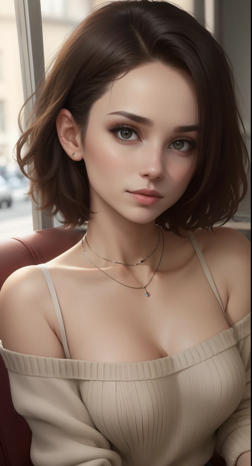 High school girl shyly seducing、(mesa: 1.3), (Maximum Resolution: 1.2), Cinematic Light, (ojos detallados and skin), (rasgos faciales detallados), senos visibles, 8k resolution, sharp focus: 1.2, estilo perfecto, Hermoso rostro, cuerpo perfecto, preciso, anatomically correct, Textura de piel y rostro muy detallada, ojos detallados, Ojos azul oscuro, double eyelids, cejas finas, delineador de ojos con brillo: 1.2, mejillas naturales, piel brillante, piel blanca: 1.2, small shiny necklaces and earrings, (labios brillantes: 1.4), ROMPER, Punto de vista unipersonal, (ella es una estudiante de secundaria muy linda), (sonrisa seductora: 1.2), ((una chica inocente y linda:1.3)), (Peinado de cola de caballo lateral, pelo ondulado), (Light brown hair:1.2), (cuerpo completo: 1.2), ROMPER, blusa abierta、escote del pecho、 small breasts, ((mirando al espectador:1.2)), senos visibles,