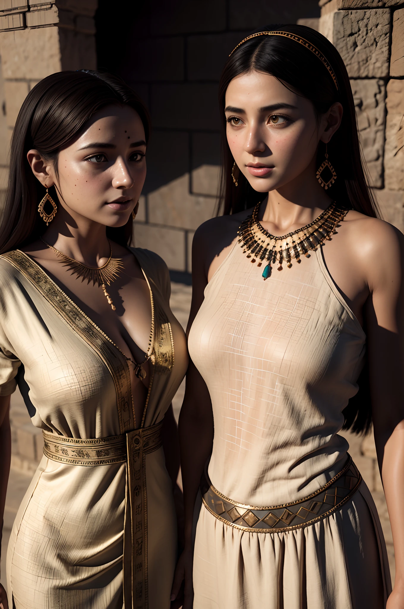 high quality, ultra-realistic,closeup portrait of two Beautiful women of ancient Mesopotamia, full body, ancient Mesopotamian civilization, Babylonia, Uruk, tunics of various lengths, linen garments, agate necklaces, paisley clothing, Kaunakes, bronze ware, a little smile, high adobe walls, luminism, 3d render, octane render, cinematic, Isometric, awesome full color, 8K Ultra HD, by yukisakura, high detailed,