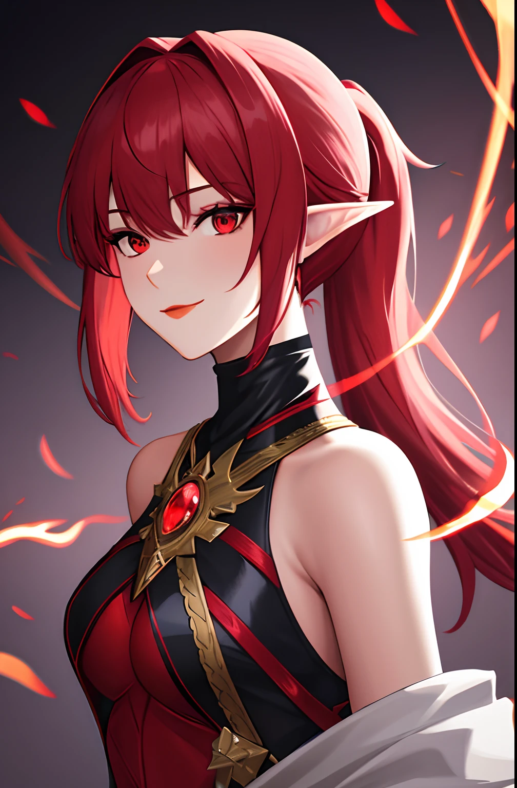 (extremely delicate and beautiful:1.2),highres, masterpiece, 1girl, bangs, red eyes, blurry, blurry background, long red ponytail, elf ears, closed mouth, from side, hair covering left eye, flames, light particles, ornate black knight armor, ragged cape, looking at viewer, medium hair, night, solo, cross \(symbol\), upper body,smile,red lips