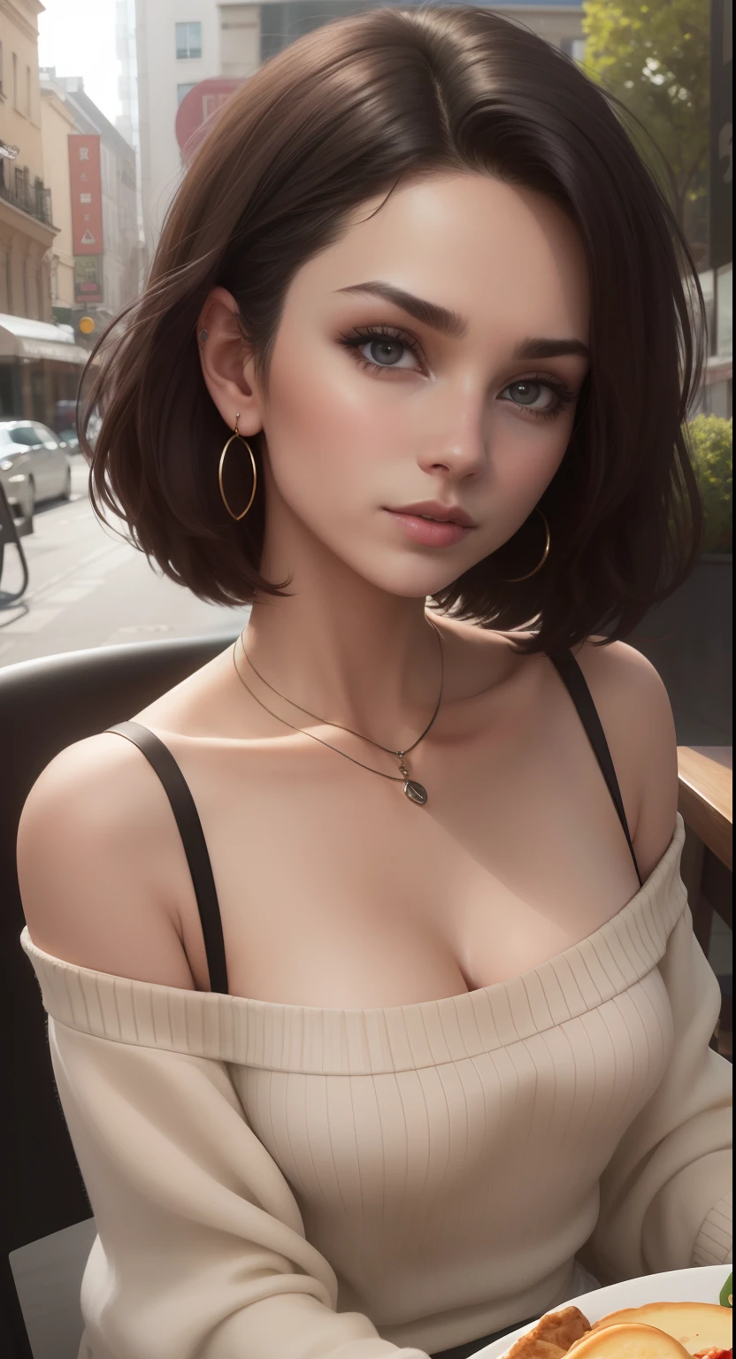 piercing eyes, (breathes through the mouth: 1.3), looks straight, 20-year-old pretty woman, short hair from the salon, dressed in an off-the-shoulder sweater, necklace, close-up portrait, in a street café in 2015, daylight, [(Selena Gomez:0.5)], small cleavage, plate of pancakes in front of her