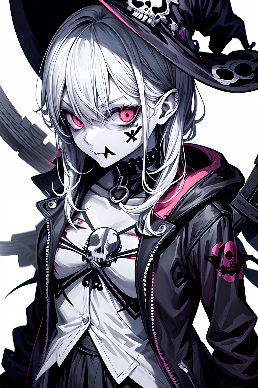 anime zombie witch design, crossbones, skulls, street wear design, pro vector, Horror style, full design, 6 colors only, solid colors, no shadows, full design, sticker, bright colors, white background.
