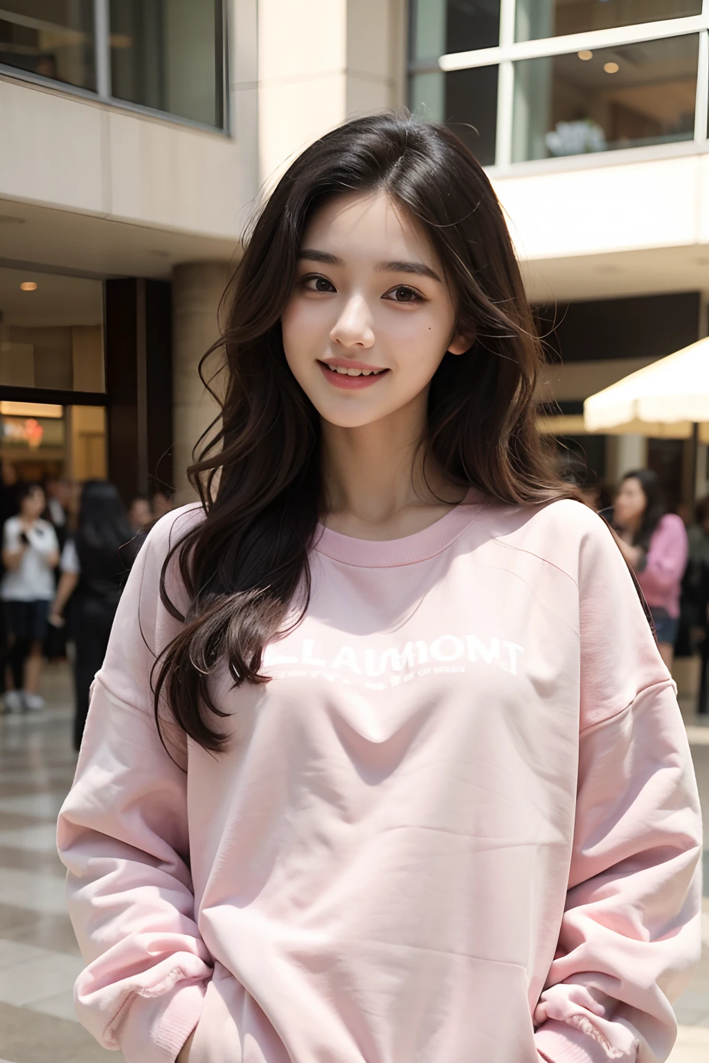 23 years old cute girl, (smile:1.2), long black wavy hair, brown eyes, (almond eyes:1.2), straight thin eyebrows, no make up, oversize_shirt, (pink sweatshirt:1.2), in mall, (photorealistic:1.2), (very detailed), ((masterpiece)),