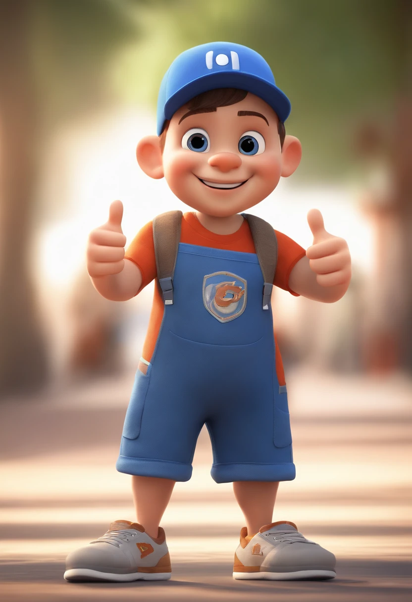 A happy handsome boy standing short hair with blue cap , double thumbs up, vestindo uma camisa azul , , fundo branco, barnet, tom, Estilo Pixar, ..3d, desenhos animados, rosto detalhado, asymmetrical 16k