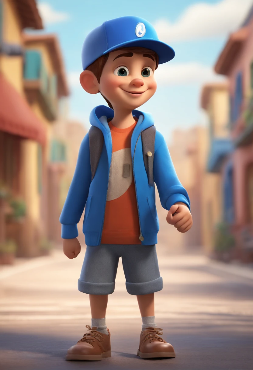 A happy handsome boy standing short hair with blue cap , double thumbs up, vestindo uma camisa azul , , fundo branco, barnet, tom, Estilo Pixar, ..3d, desenhos animados, rosto detalhado, asymmetrical 16k