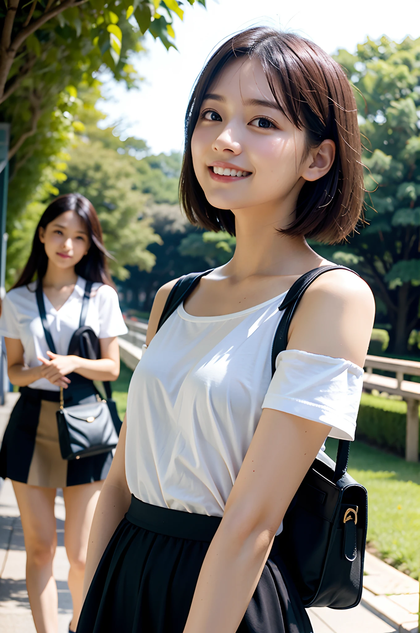 masterpiece, top-quality、Raw foto, Photorealsitic、I have two girls who are 18 years old、Walk while having a pleasant conversation、sideshot、a closeup、fullnude、Open your mouth and laugh、Short bob blonde and long black hair、Japan High School Girl、Idol、Smaller chest、unbelievable Ridiculous、depth of fields, hight resolution, ultra-detailliert, foco nítido, Cinematic lighting