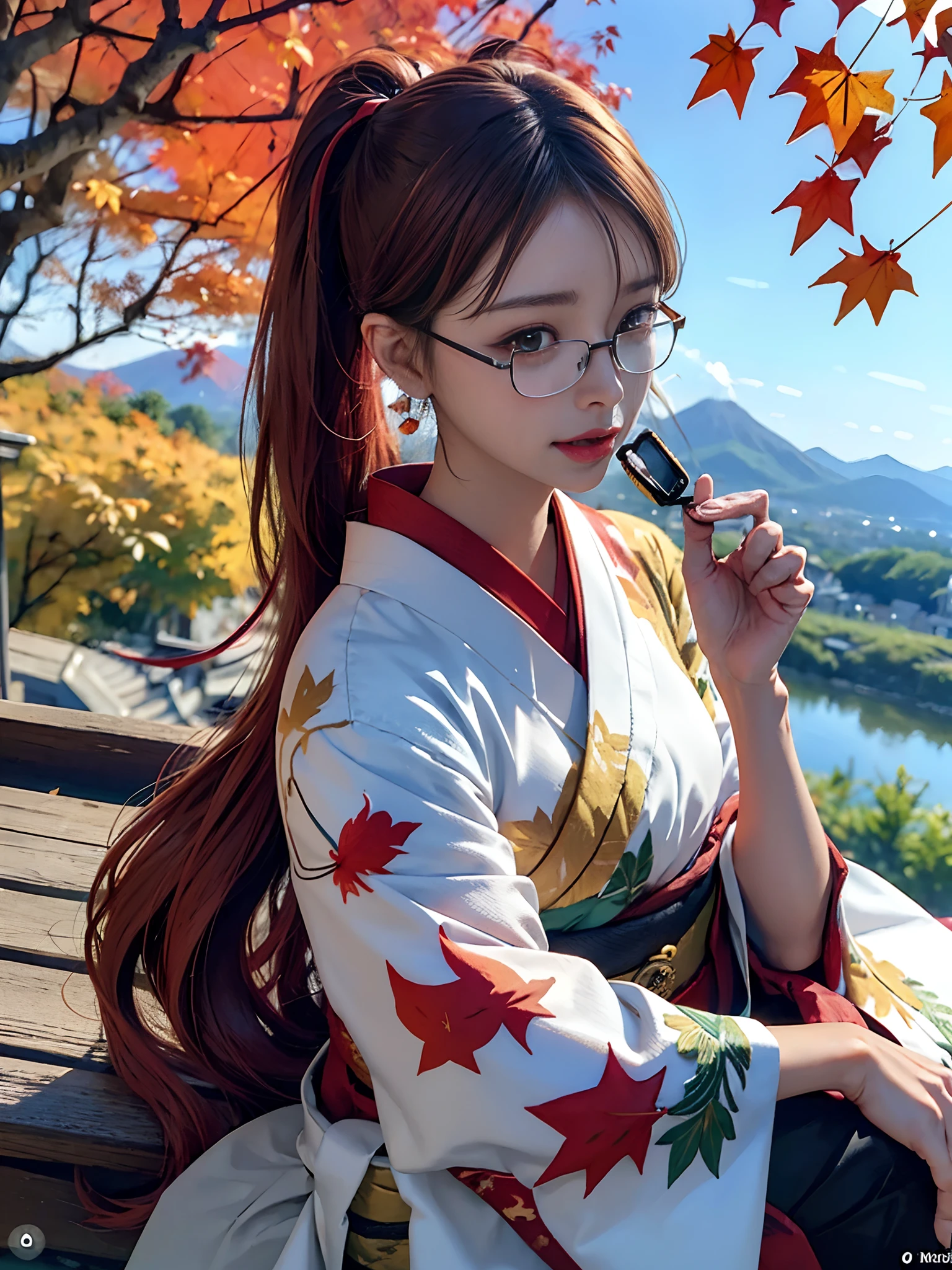 (rokoko:1.5)Background of details(the morning sun(mountainscape))(Kyoto in Japan(Colored leaves:1.5)),BREAK ,elaborate costume(Luxury kimono(Colorful kimono(detailed embroidery()))),BREAK,(1 Beautiful and classy adult woman(Japanese actressl:1.2)(glossy dark hair(poneyTail:1.2))),(eye glass:1.5),(Arms outstretched),BREAK,Wallpapers 16K,Blur the background,(masutepiece:1.5),(Best Quality:1.5),(Portrait photos:1.5),From  above