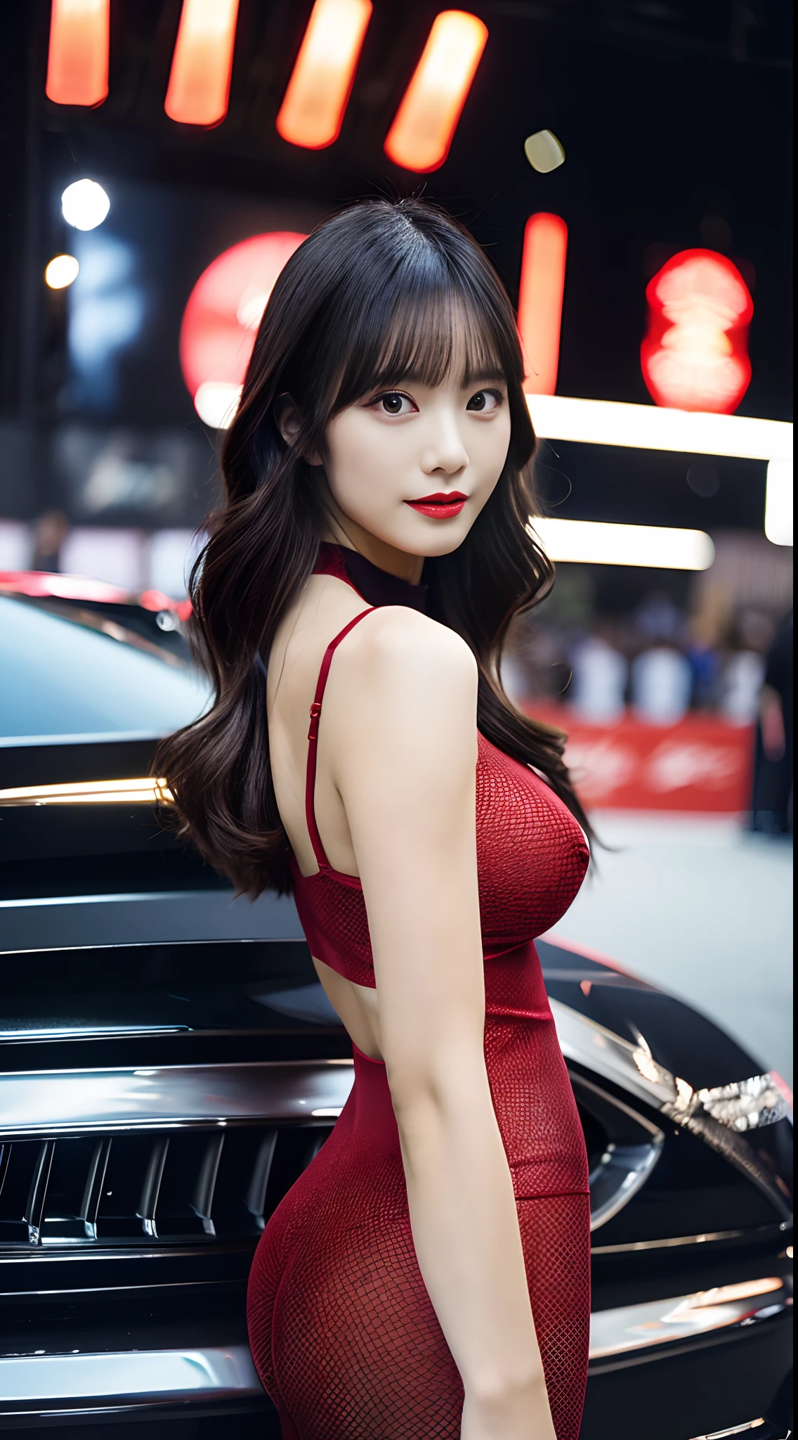 masutepiece、top-quality、Top image quality、8K、Professional Photographer、Professional lighting staff、Professional makeup staff、japanes、Top、Beautuful Women、Glamorous、Colossal tits、Semi-long hair with black hair、Red leotard on bare skin、highleg、fishnet tights、high-heels、Katyusha、(Model posing sexily in front of show car on gorgeously lit stage at motor show)、