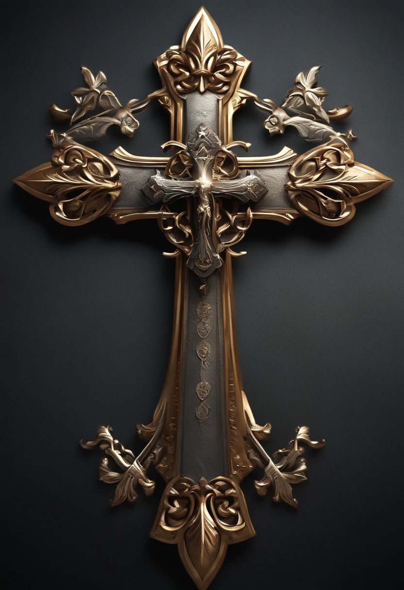 (best quality,realistic),logo with a cross in the center,weapons on the sides,cross symbol,shiny metallic texture,sharp and detailed weapon engravings,ornate details,precise lines and curves,high-resolution,metallic sheen,glowing cross,emblematic design,subtle shadows and highlights,strategic placement of weapons,dynamic composition,vibrant colors,dark background,professional design,eye-catching logo,impressive craftsmanship,distinctive style,clean and polished look