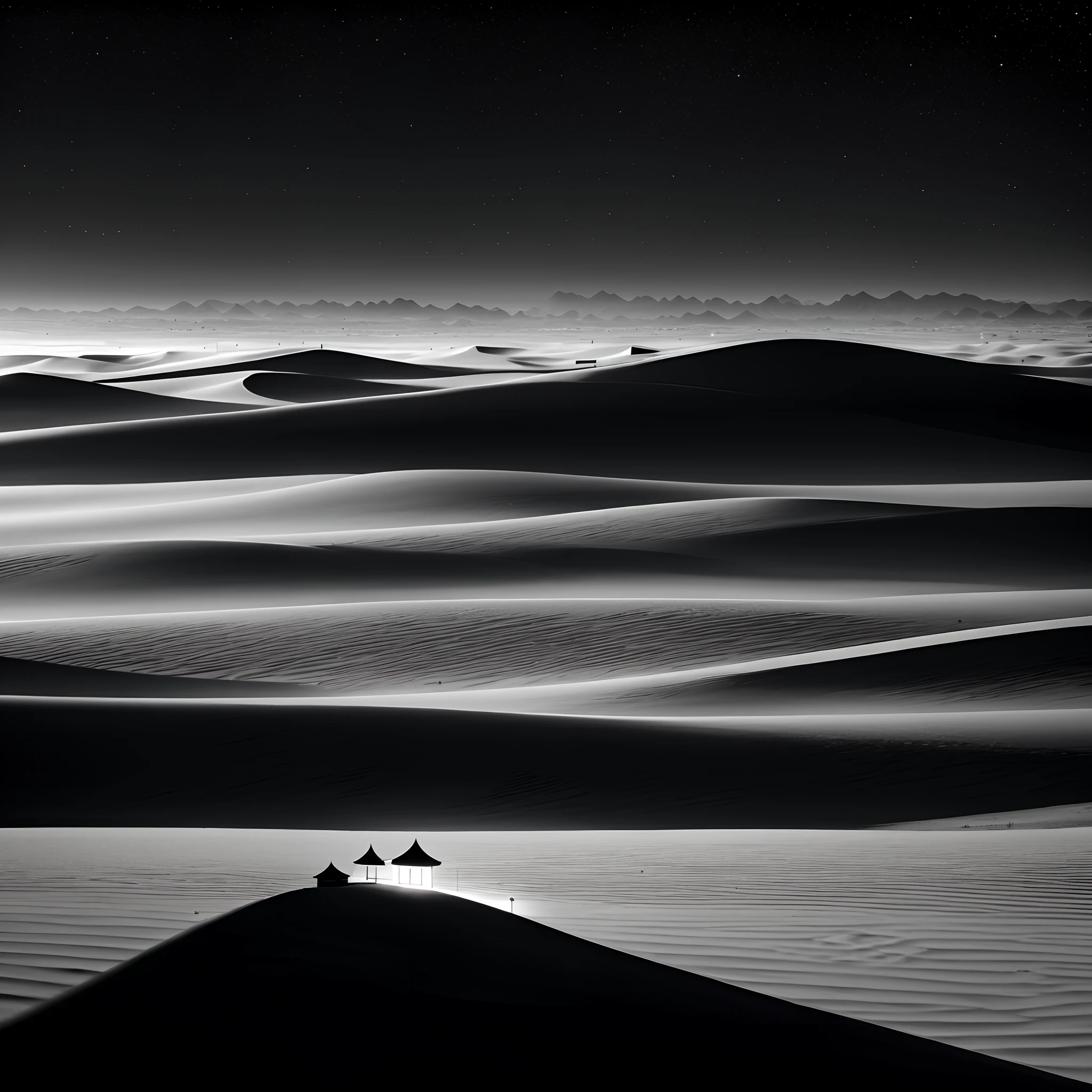 robot
Wen Sheng diagram
default
15:10:35
Black and white photo，the night，A desert，Cottage in the distance，Lonely shadow，Light ，Minimalist，beautiful high resolution， 3840x2160