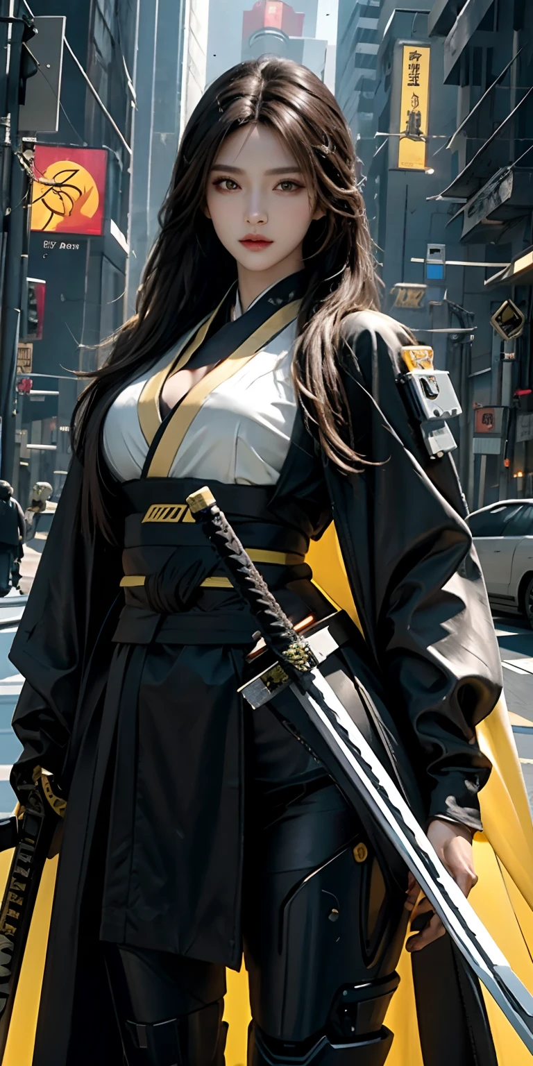 photorealistic, high resolution, soft light,1women, solo, hips up, (detailed face), yellow long hair, cybersamurai, cyborg, cyberpunk,  cyber armor, holding weapon,glowing,on the street , kimono , sniper looking at the target, katana,cloak