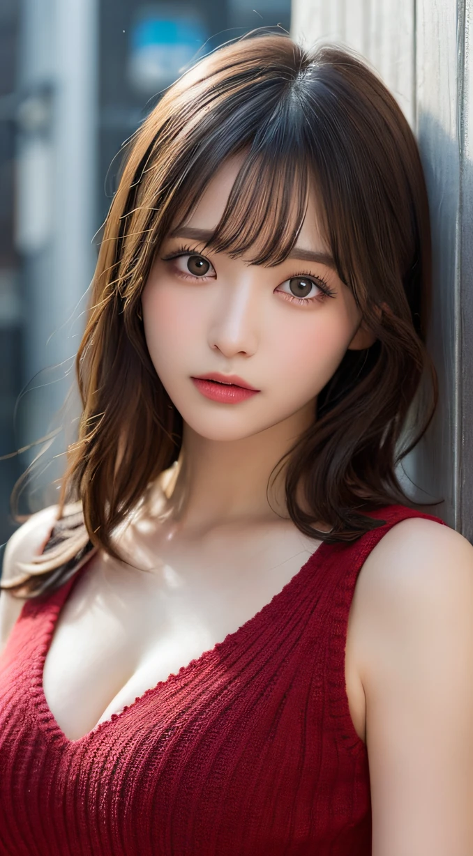 hight resolution, in 8K,masutepiece, Best Quality, Illustration, Ultra-detailed, finedetail, Wallpaper, Perfect dynamic composition, Beautiful detailed eyes, Natural lips, Red knitted dress , Big breasts, cleavage