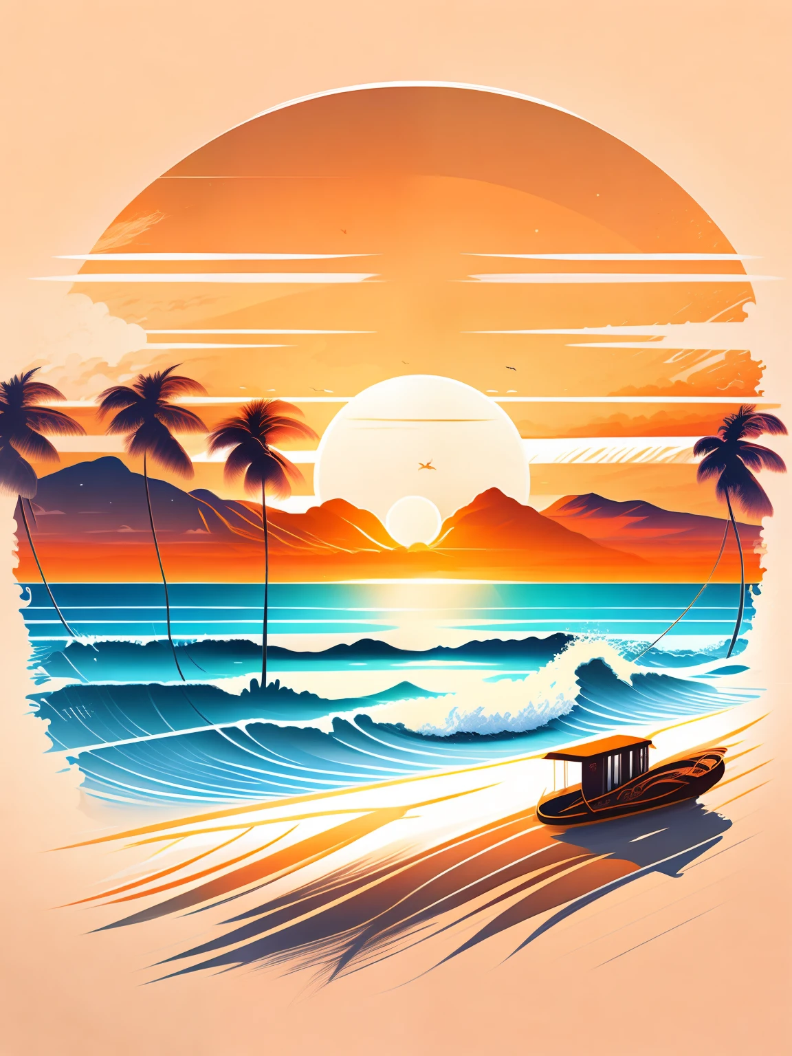 Sunset on the beach, white sand, epic composition, t-shirt design, rzminjourney, vector art