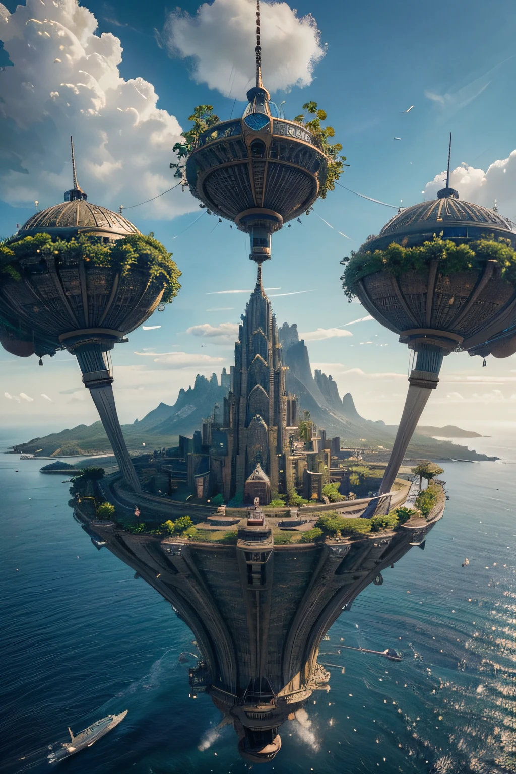 Many islands are suspended in the air with many small airships flying around, cities, fantasy, magical plants growing, extreme details, realistic light, epic composition, (complex details), (complex design, ultra-details :1.2), Art Station, (Masterpiece, Best Quality), Ultra HD, 32k --v 6