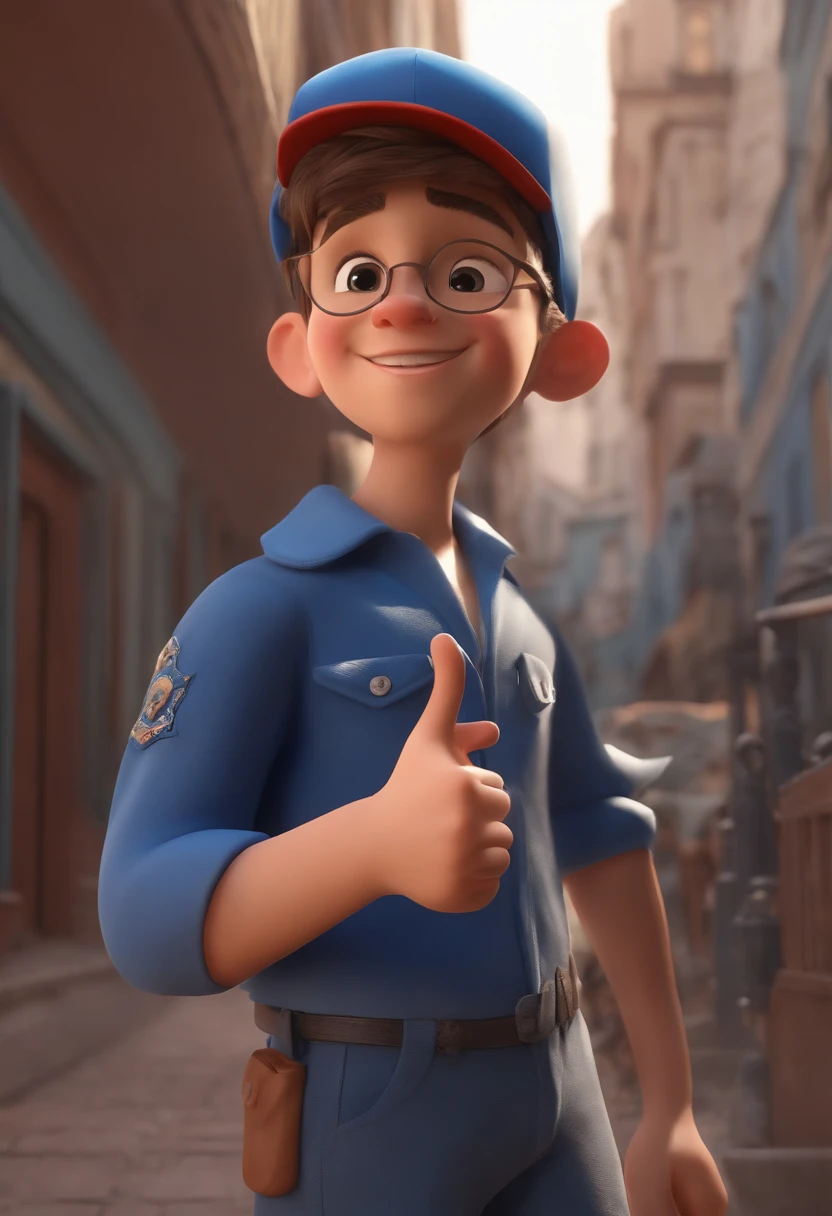 A happy handsome boy standing short hair with blue cap , double thumbs up, vestindo uma camisa azul , , fundo branco, barnet, tom, Estilo Pixar, ..3d, desenhos animados, rosto detalhado, asymmetrical 16k