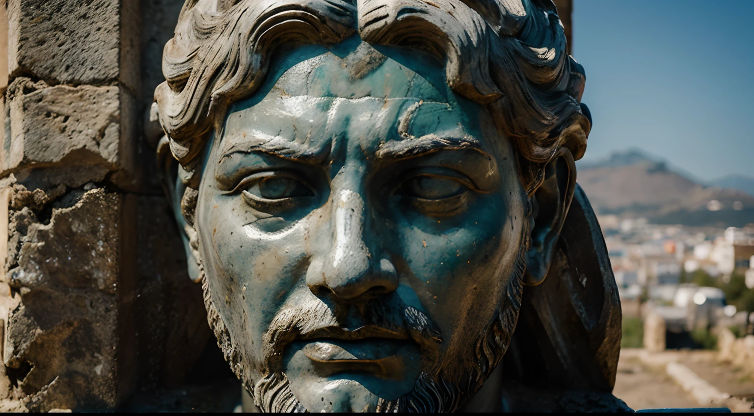 Ancient Stoic Statue With Very Angry Expression, tem barba, muitos detalhes em ambos os olhos, Outside, fundo atenas grego, open sky, com rosto extremamente detalhado full body view, Colors with low saturation with dark tone, Filmado em Sony A7S III com Sony FE 35mm f/1.8, 12.1 MP, --AR 3:2 --estilo cru