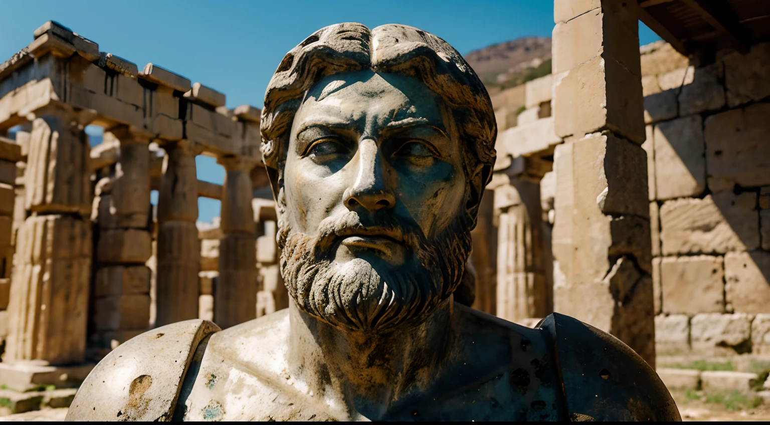 Ancient Stoic Statue With Very Angry Expression, tem barba, muitos detalhes em ambos os olhos, Outside, fundo atenas grego, open sky, com rosto extremamente detalhado full body view, Colors with low saturation with dark tone, Filmado em Sony A7S III com Sony FE 35mm f/1.8, 12.1 MP, --AR 3:2 --estilo cru
