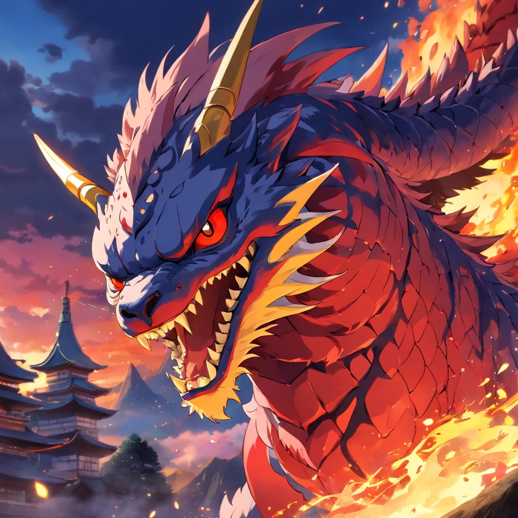 Golden Tenryu,Sharp red eyes,Release of blood fire close-up from the nose,Chest scales,hiquality,8K,many details,Fire salad,alas,4 legs,Spotted claws,golds,Danger,Fires,sharp teeth,Big Dragon,immensity,menacing,imposing