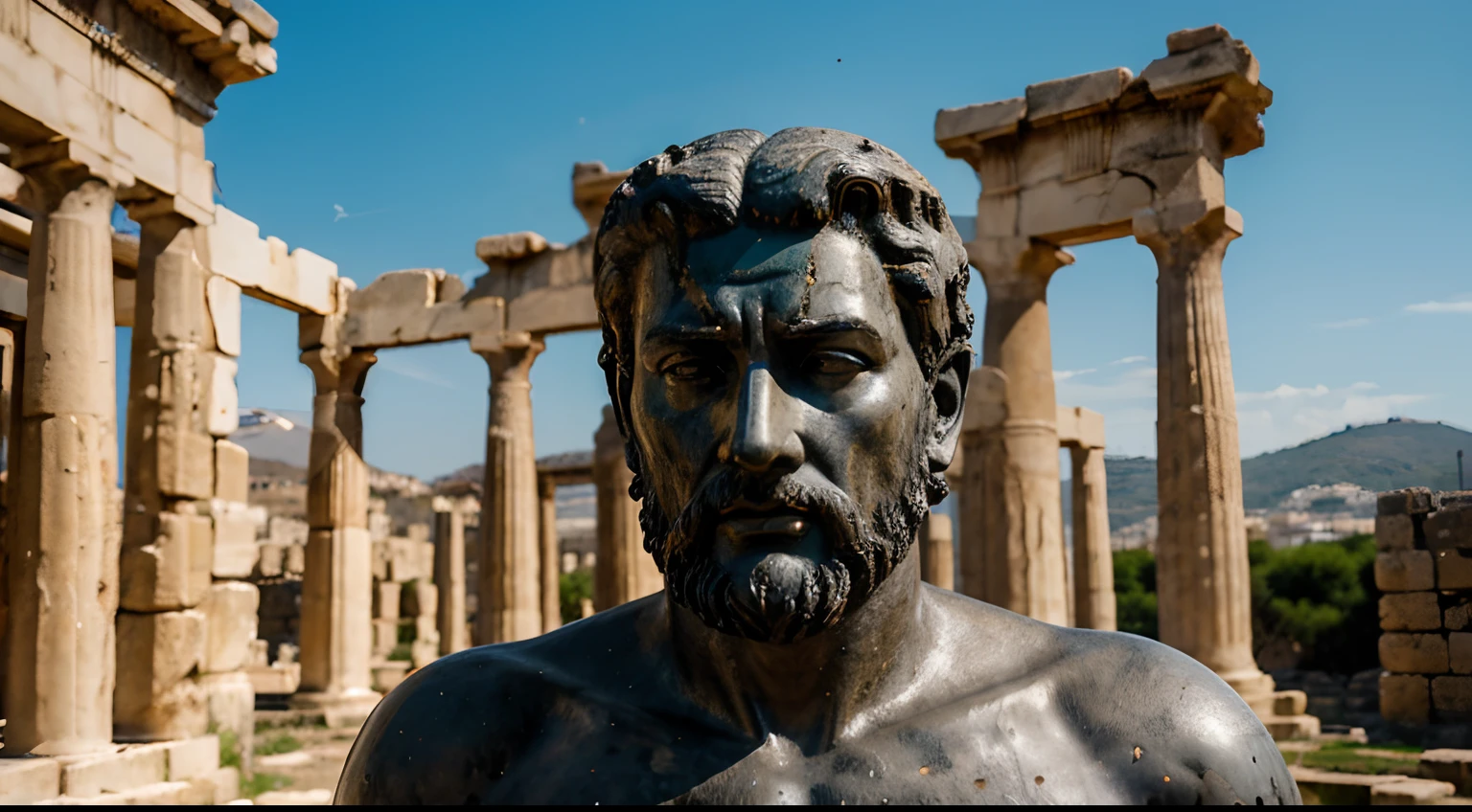 Ancient Stoic Statue With Very Angry Expression, tem barba, muitos detalhes em ambos os olhos, Outside, fundo atenas grego, open sky, com rosto extremamente detalhado full body view, Colors with low saturation with dark tone, Filmado em Sony A7S III com Sony FE 35mm f/1.8, 12.1 MP, --AR 3:2 --estilo cru