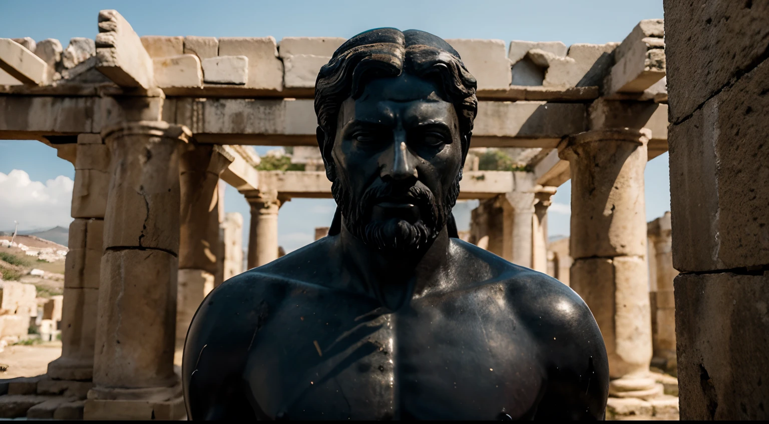 A dark landscape image of an ancient greek society deeply connected to stoicism, black and white, ancient greek include one single statue of a stereotypical strong greek man