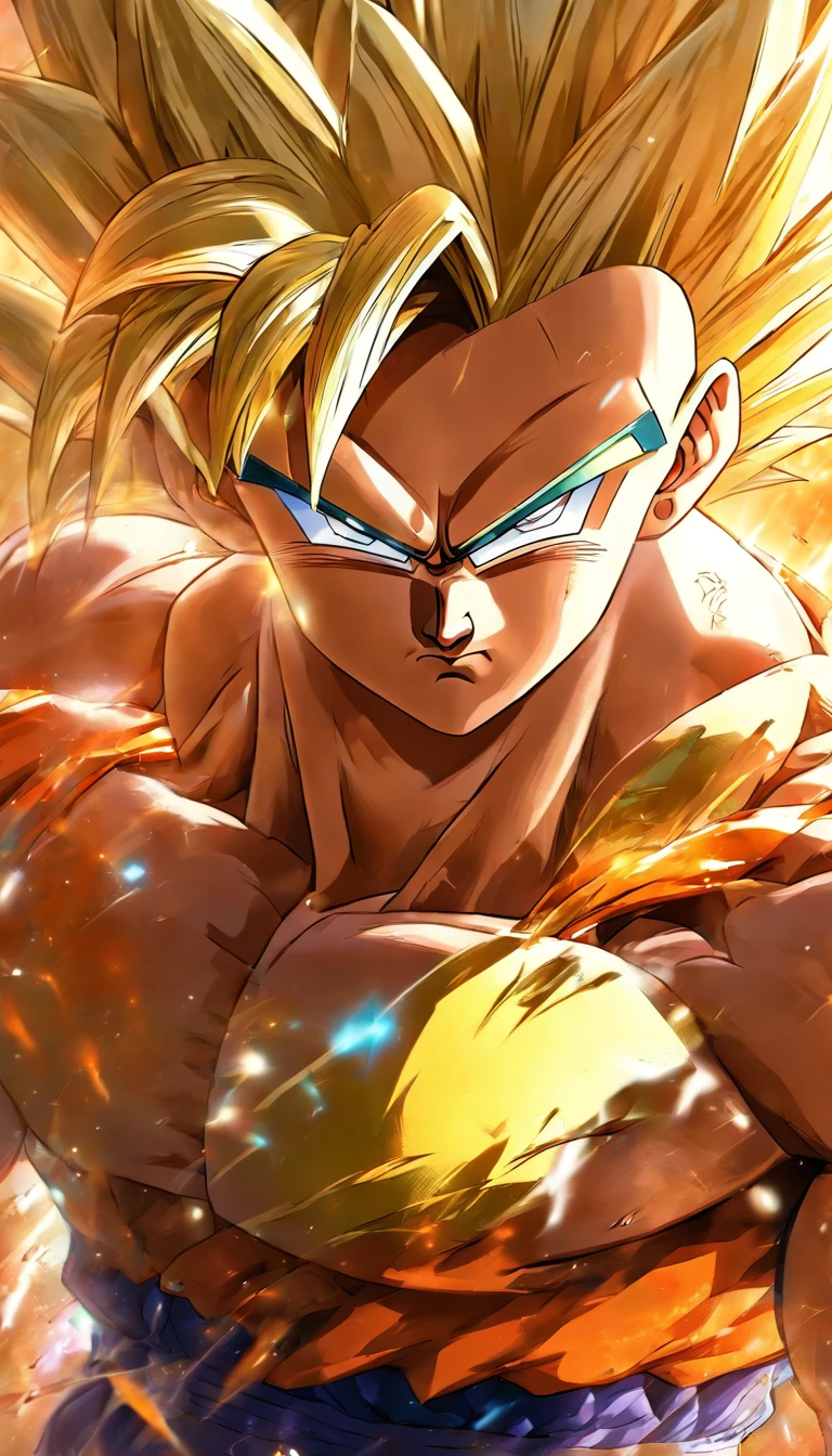 Gohan looking muscular body, looking at the camera.