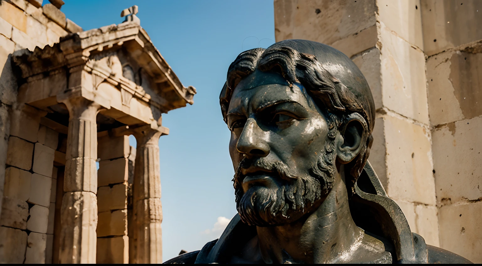 Ancient Stoic Statue With Very Angry Expression, tem barba, muitos detalhes em ambos os olhos, Outside, fundo atenas grego, open sky, com rosto extremamente detalhado full body view, Colors with low saturation with dark tone, Filmado em Sony A7S III com Sony FE 35mm f/1.8, 12.1 MP, --AR 3:2 --estilo cru
