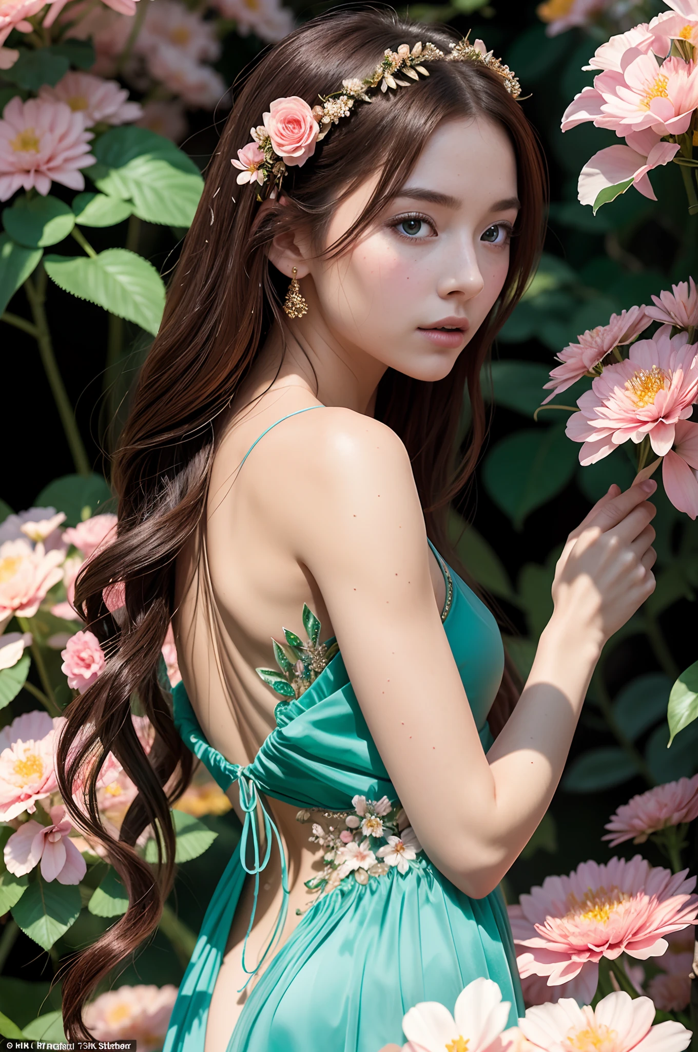 high quality, 8K Ultra HD, full color, etching aquatint, fine lines and shadows, In the heart of Floral Fantasy Wonderland, behold a captivating and ethereal spirit of a beautiful maiden, gracefully adorned with the essence of blooming flowers. Her golden long flowing hair, like silken threads of golden, cascades gracefully down her back, interwoven with delicate floral accents that mirror the surrounding blooms. Her eyes, the color of the deepest forest emeralds, sparkle with a hint of magic and mystery, reflecting the beauty of the floral symphony that surrounds her. In her hand, she holds a delicate bouquet of the most exquisite flowers, their vibrant colors mirroring her own radiant aura. With the clarity and detail of 8K Ultra HD images, every petal, every hue, and every expression of her otherworldly charm come to life in vivid splendor, by yukisakura, high details,