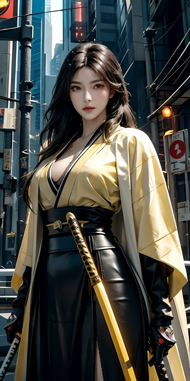 photorealistic, high resolution, soft light,1women, solo, hips up, (detailed face), yellow long hair, cybersamurai, cyborg, cyberpunk, cyber armor, holding weapon,glowing,on the street , kimono , sniper looking at the target, katana,cloak
