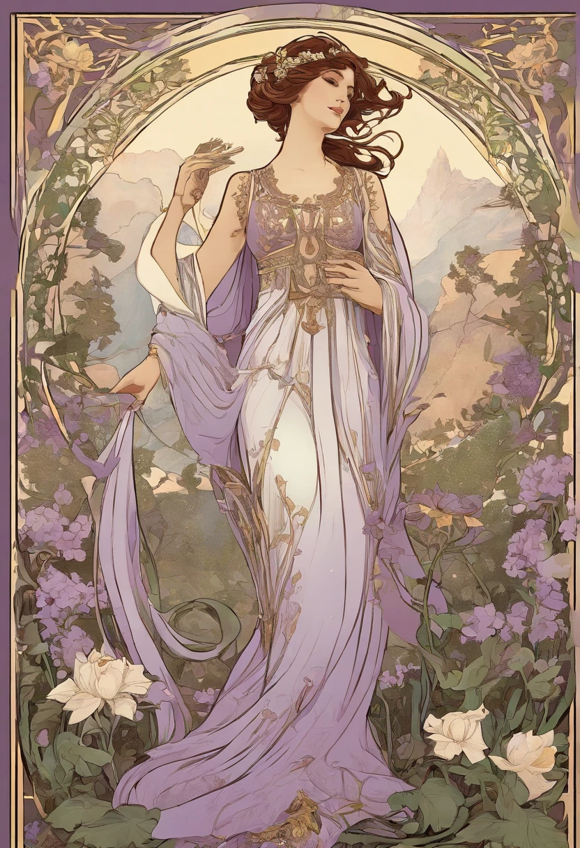 8K.Poster illustration in Alphonse Mucha style, Flat painting, Beautiful western woman in lilac ankle-length long dress, Emmawatoso,Have a bouquet of white lilies,Full body like,slenderbody,Barefoot,Art Nouveau, Plants in the background, nffsw, masutepiece, Alfonse Mucha, high details