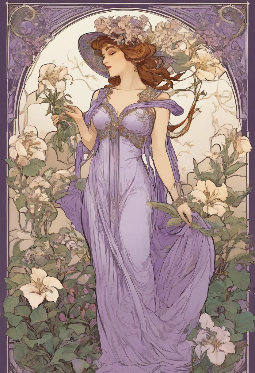 8K.Poster illustration in Alphonse Mucha style, Flat painting, Beautiful western woman in lilac ankle-length long dress, Emmawatoso,Have a bouquet of white lilies,Full body like,slenderbody,Barefoot,Art Nouveau, Plants in the background, nffsw, masutepiece, Alfonse Mucha, high details