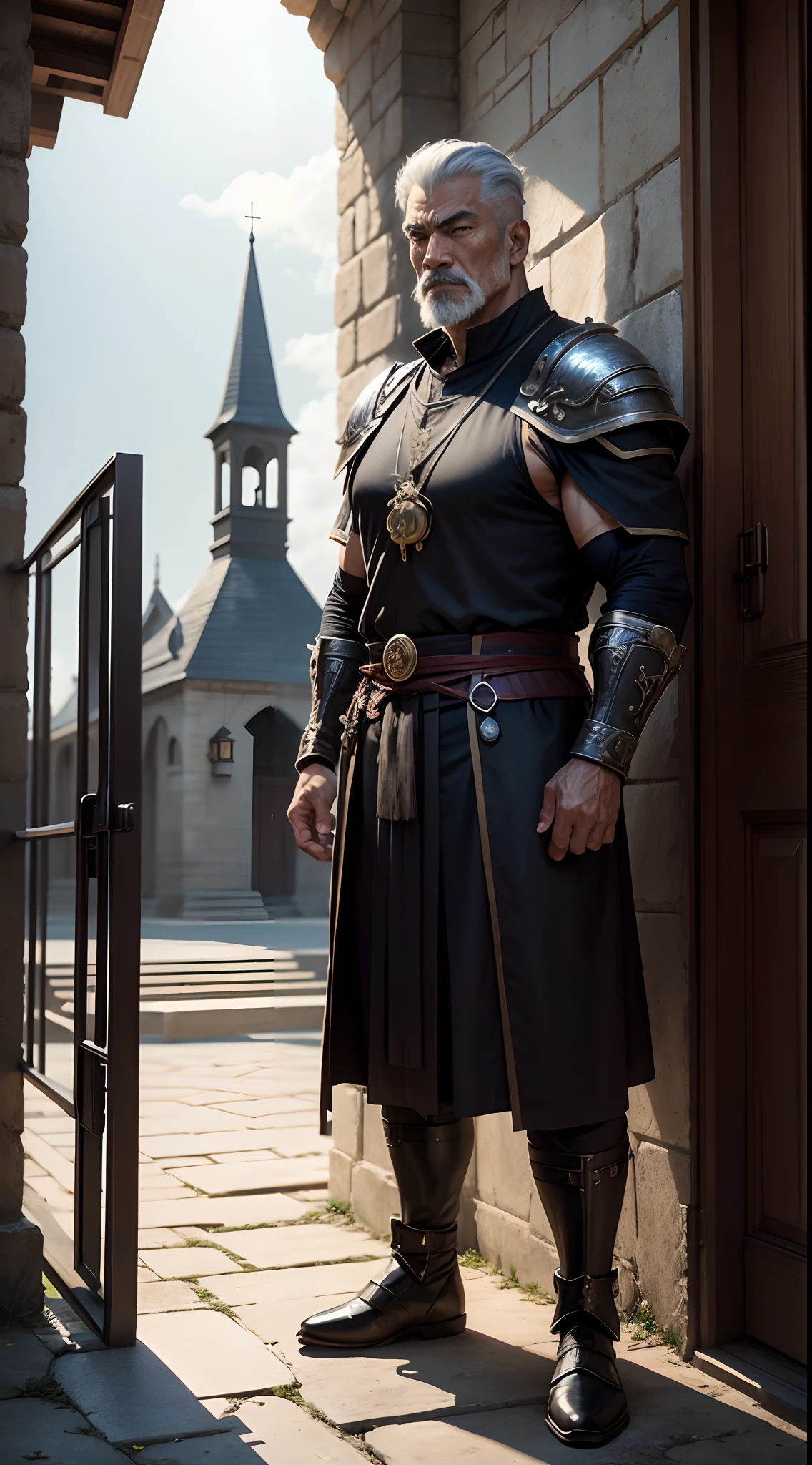 Realistic, 8k image of a 60 year old, strong, oriental man, dressed in a black RPG warrior style cleric costume, standing at the entrance of an orphanage with a bell tower in the background, anime style art