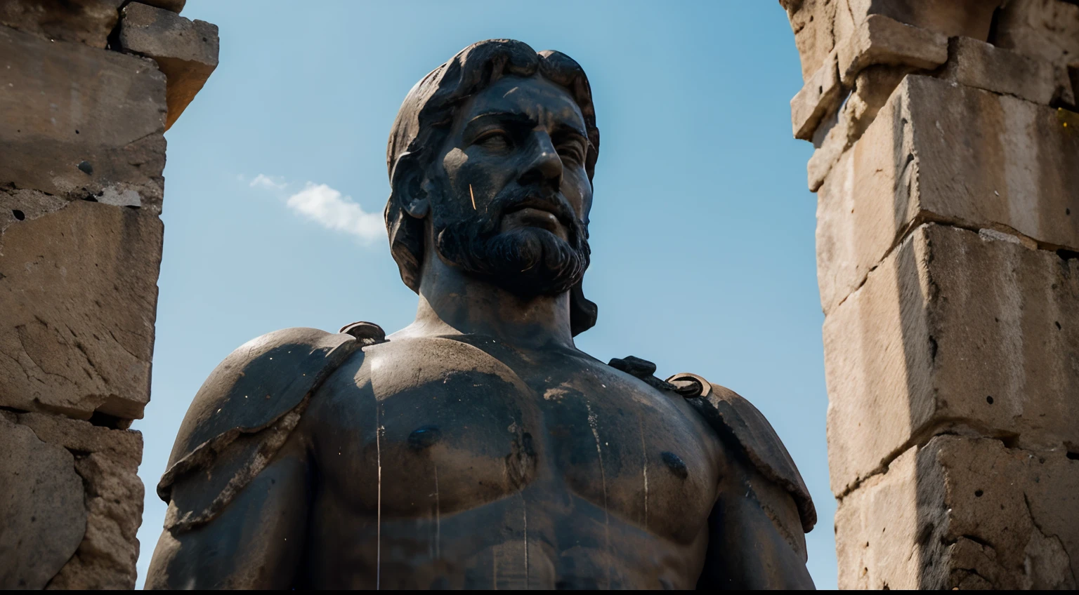 Ancient Stoic Statue With Very Angry Expression, tem barba, muitos detalhes em ambos os olhos, Outside, fundo atenas grego, open sky, com rosto extremamente detalhado full body view, Colors with low saturation with dark tone, Filmado em Sony A7S III com Sony FE 35mm f/1.8, 12.1 MP, --AR 3:2 --estilo cru
