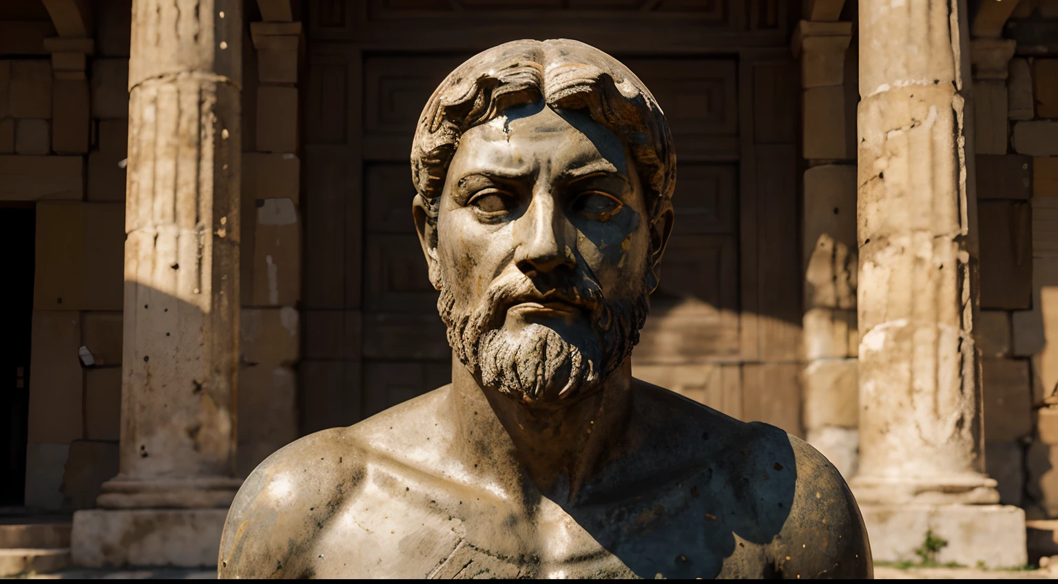 Ancient Stoic Statue With Very Angry Expression, tem barba, muitos detalhes em ambos os olhos, Outside, fundo atenas grego, open sky, com rosto extremamente detalhado full body view, Colors with low saturation with dark tone, Filmado em Sony A7S III com Sony FE 35mm f/1.8, 12.1 MP, --AR 3:2 --estilo cru