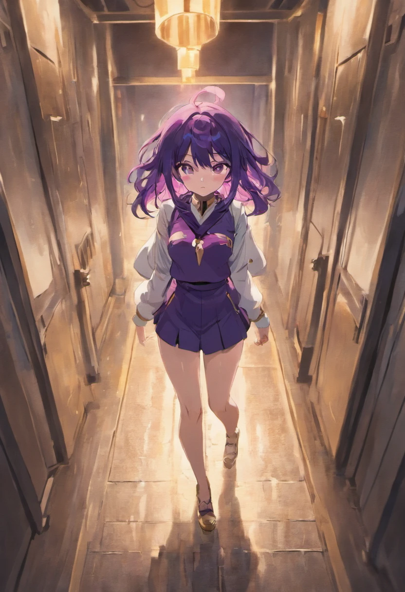 1girl, long midnight purple hair, golden light eyes, walking down the hallway with a boy white and pink and gold thinnest uniform, anime, large boobs but small ass