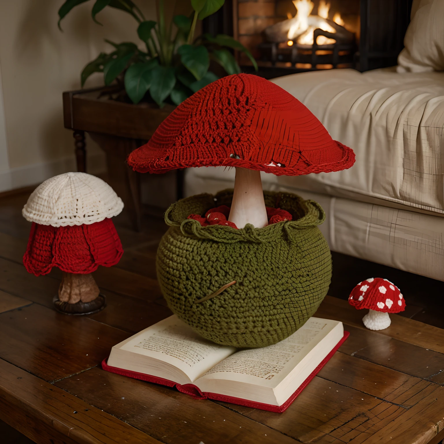 Book break made of crochet in the shape of a red mushroom plant