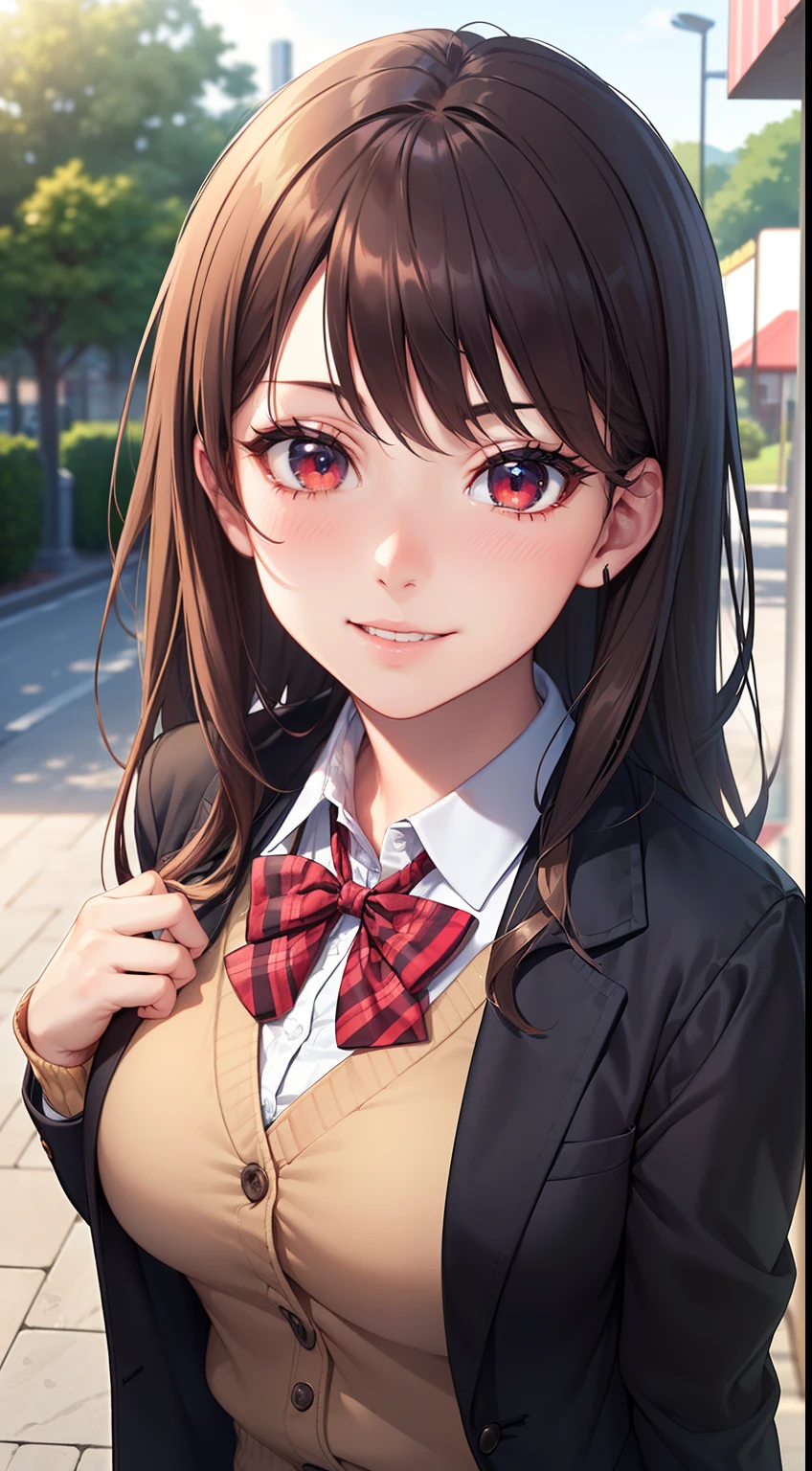 ((masterpiece, best quality, highres, UHD, perfect pixel, depth of field, 4k, RTX, HDR))), 1girl, single, solo, beautiful anime girl, beautiful artstyle, anime character, ((long hair, bangs, brown hair, curly hair:0.8)), ((red eyes:1.4, rounded eyes, beautiful eyelashes, realistic eyes)), ((detailed face, blushing:1.2)), ((smooth texture:0.75, realistic texture:0.65, photorealistic:1.1, anime CG style)), medium breasts, dynamic angle, perfect body, ((portrait, pov)), ((red bowtie, school uniform, black jacket, open jacket, brown cardigan, white shirt, black skirt, plaid skirt)), smile beam, amusement park,grin,white teeth,finger to mouth