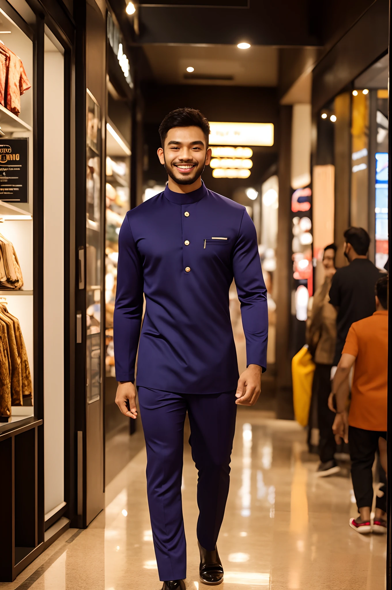 realistic, malay man wear baju melayu walking in a mall, nighttime, smile, happy, front view, high quality, 4k. detail face,