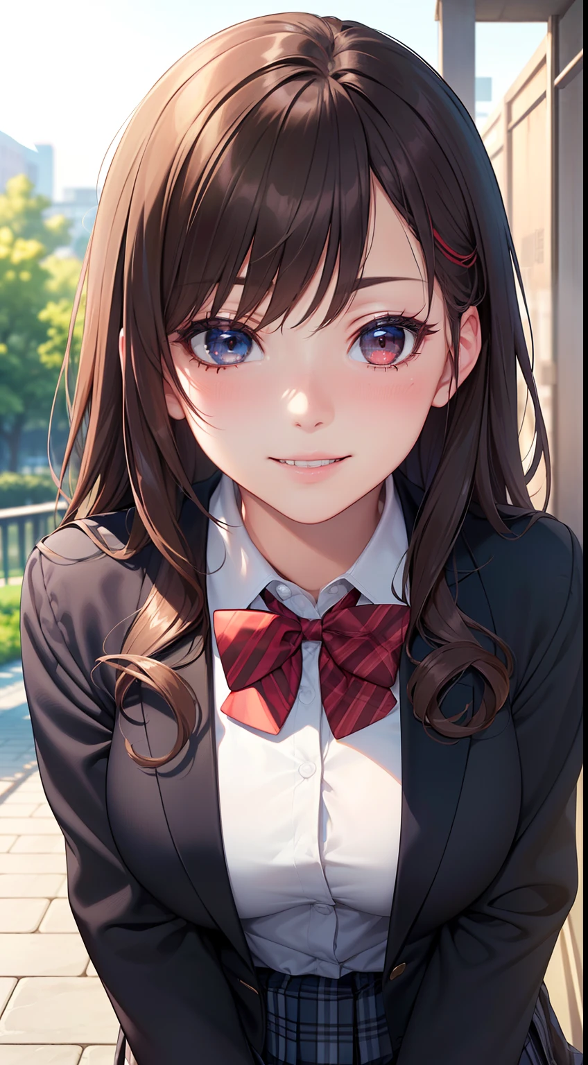 ((masterpiece, best quality, highres, UHD, perfect pixel, depth of field, 4k, RTX, HDR))), 1girl, single, solo, beautiful anime girl, beautiful artstyle, anime character, ((long hair, bangs, brown hair, curly hair:0.8)), ((red eyes:1.4, rounded eyes, beautiful eyelashes, realistic eyes)), ((detailed face, blushing:1.2)), ((smooth texture:0.75, realistic texture:0.65, photorealistic:1.1, anime CG style)), medium breasts, dynamic angle, perfect body, ((portrait, pov)), ((red bowtie, school uniform, black jacket, open jacket, brown cardigan, white shirt, black skirt, plaid skirt)), smile, amusement park,grin,white teeth,finger to mouth