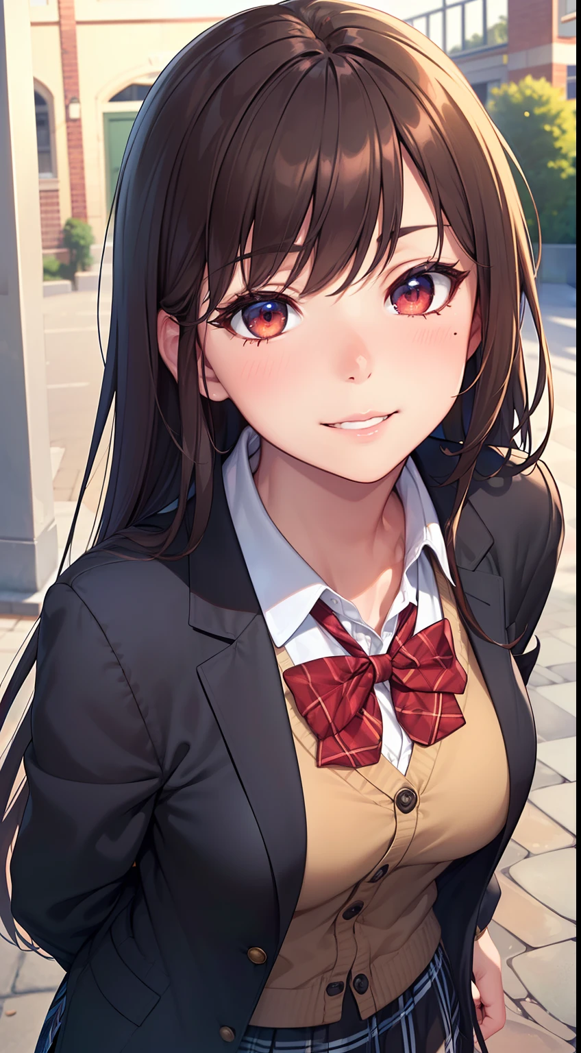 ((masterpiece, best quality, highres, UHD, perfect pixel, depth of field, 4k, RTX, HDR))), 1girl, single, solo, beautiful anime girl, beautiful artstyle, anime character, ((long hair, bangs, brown hair, curly hair:0.8)), ((red eyes:1.4, rounded eyes, beautiful eyelashes, realistic eyes)), ((detailed face, blushing:1.2)), ((smooth texture:0.75, realistic texture:0.65, photorealistic:1.1, anime CG style)), medium breasts, dynamic angle, perfect body, ((portrait, pov)), ((red bowtie, school uniform, black jacket, open jacket, brown cardigan, white shirt, black skirt, plaid skirt)), smile, amusement park,grin,white teeth,finger to mouth