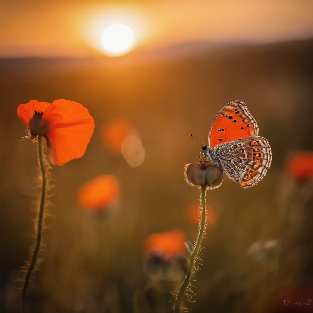 Butterfly sitting close-up on poppy flower poppy field sunset