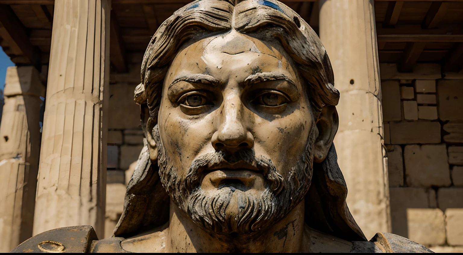 Ancient Stoic Statue With Very Angry Expression, tem barba, muitos detalhes em ambos os olhos, Outside, fundo atenas grego, open sky, com rosto extremamente detalhado full body view, Colors with low saturation with dark tone, Filmado em Sony A7S III com Sony FE 35mm f/1.8, 12.1 MP, --AR 3:2 --estilo cru