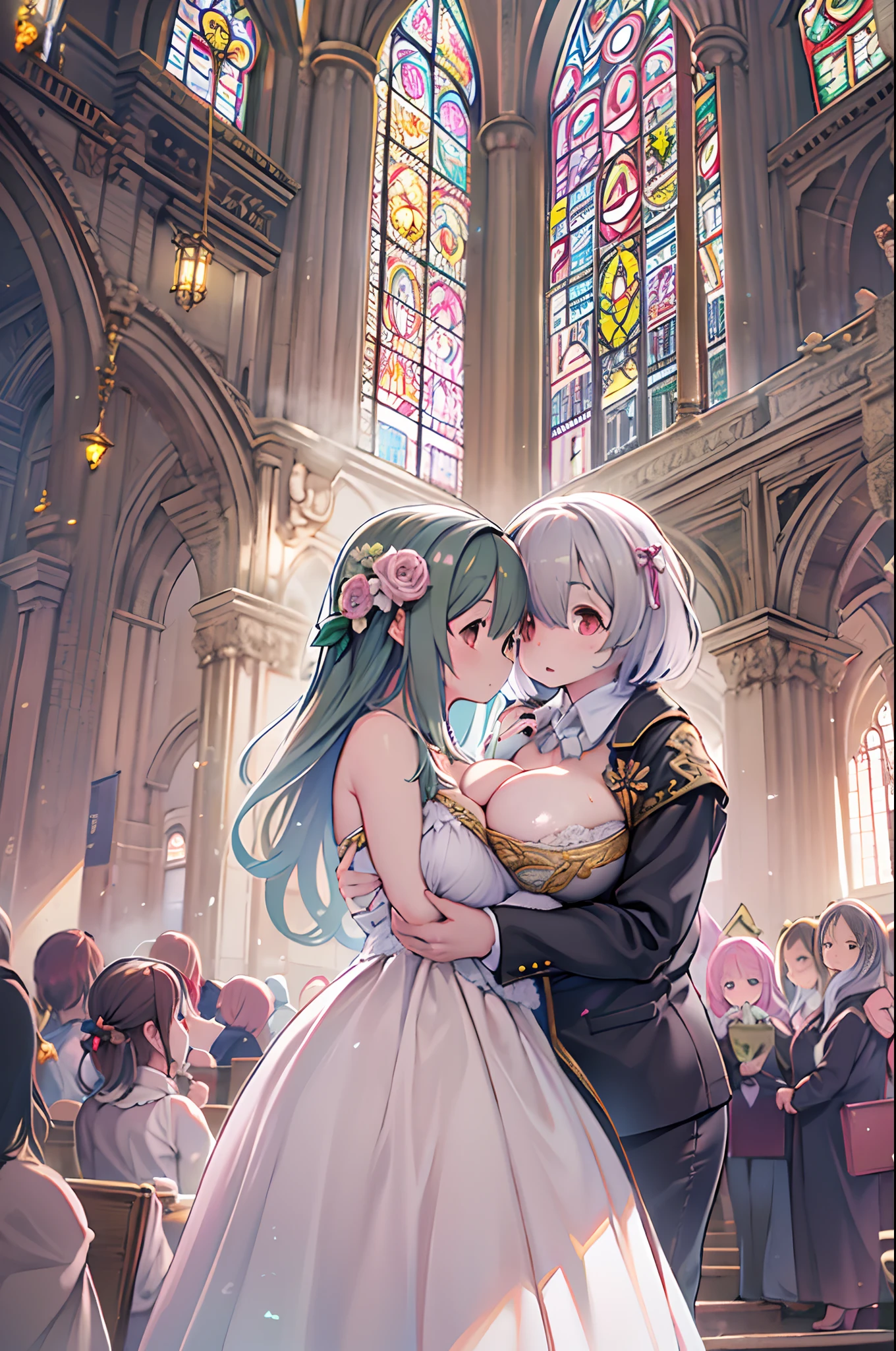 High resolution, Best Quality, masutepiece, Ultra high definition, Ultra high definition, A hyper-realistic,3D, Anime, Illustration, In a church、wedding hall、2girls，girl1：bbw、adolable，Black hair，Bob-cut hair，rcasual、Kisses and hugs、stare、weddingdress、Girl 2：adolable，A pink-haired，Long grey hair，rcasual。Kisses and hugs、stare、weddingdress