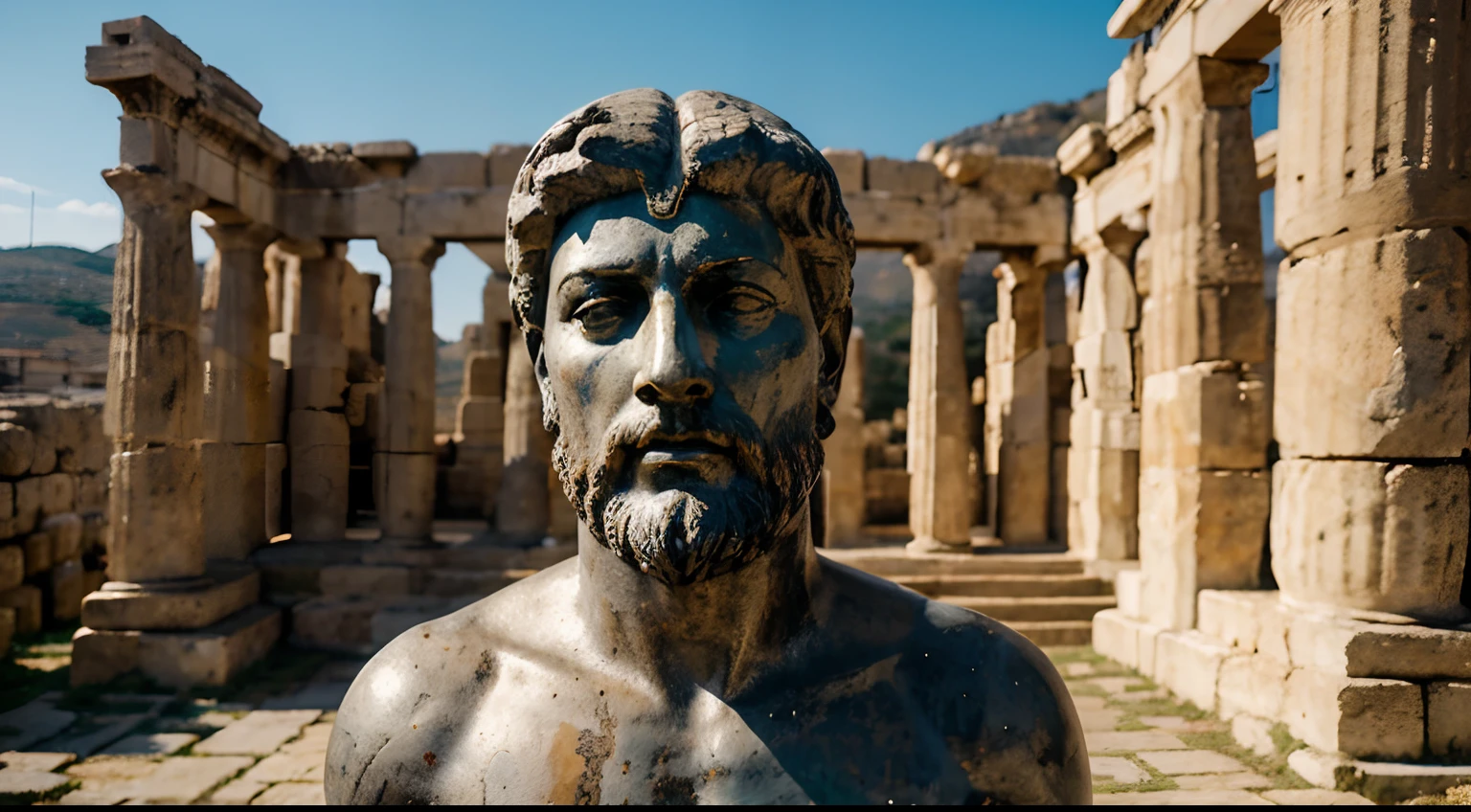 Ancient Stoic Statue With Very Angry Expression, tem barba, muitos detalhes em ambos os olhos, Outside, fundo atenas grego, open sky, com rosto extremamente detalhado full body view, Colors with low saturation with dark tone, Filmado em Sony A7S III com Sony FE 35mm f/1.8, 12.1 MP, --AR 3:2 --estilo cru