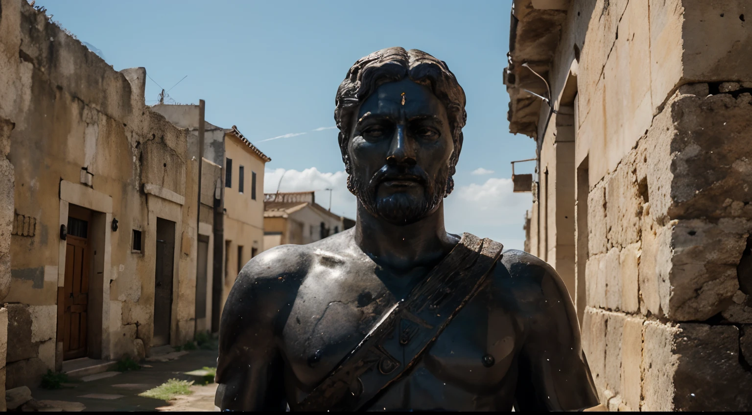 Ancient Stoic Statue With Very Angry Expression, tem barba, muitos detalhes em ambos os olhos, Outside, fundo atenas grego, open sky, com rosto extremamente detalhado full body view, Colors with low saturation with dark tone, Filmado em Sony A7S III com Sony FE 35mm f/1.8, 12.1 MP, --AR 3:2 --estilo cru