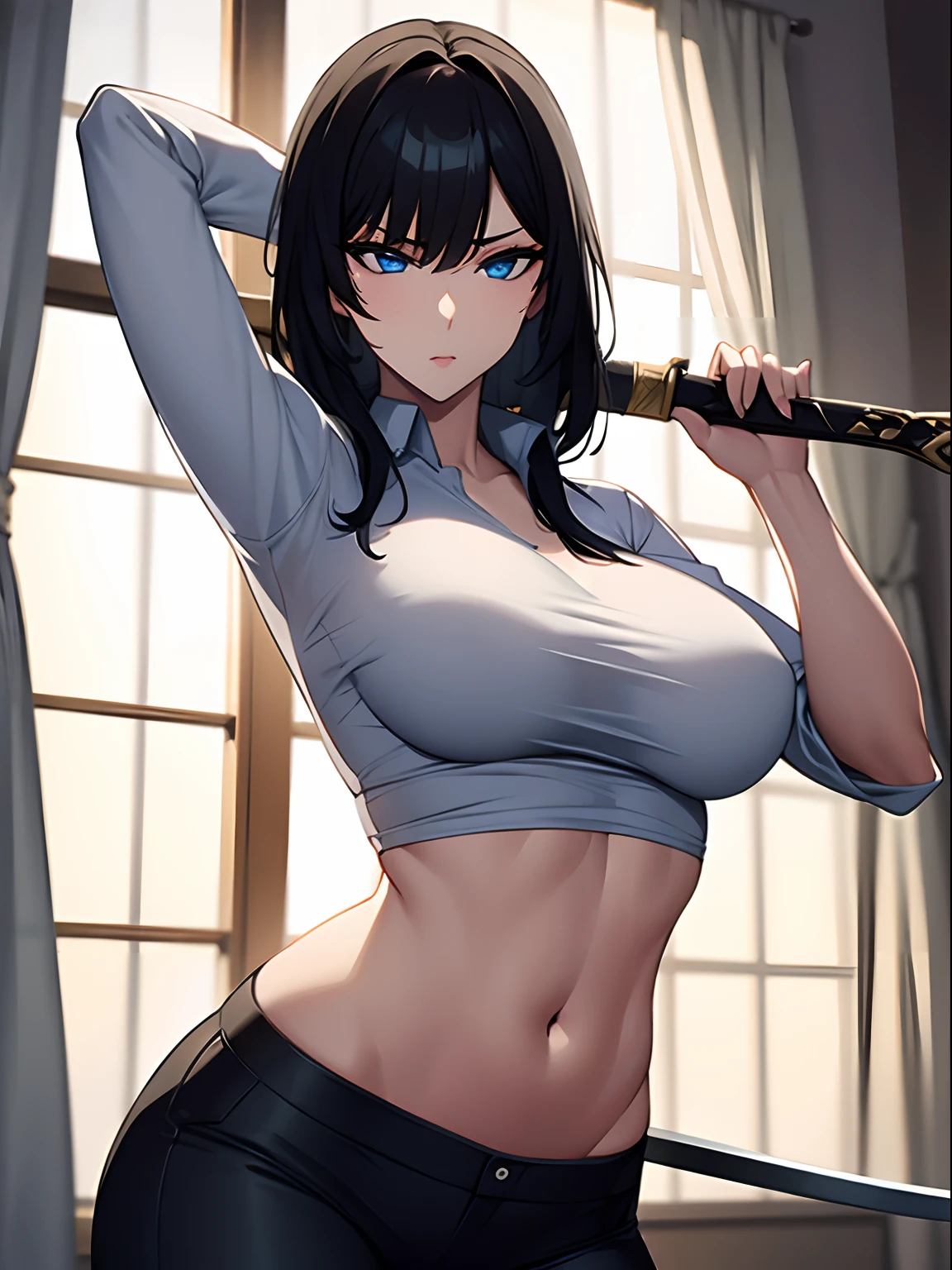 sexy body lines,Perfect eyes,woman, Shirt ,pants, sword master