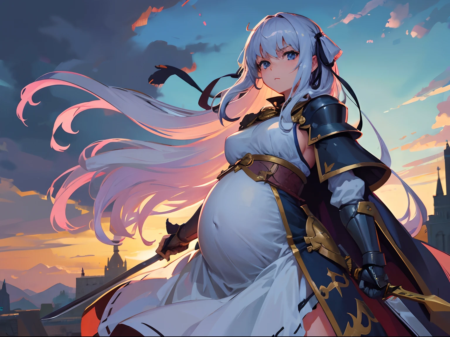 1 girl, long hair, hair ribbon, BIG pregnant, armor dress, holding sword, adventurer, fantasy, at town, facing at viewer, anime style